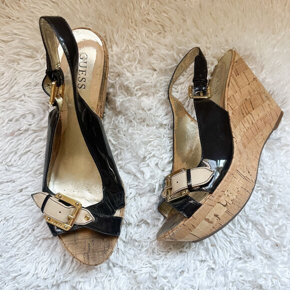 GUESS by MARCIANO Wedge Cork Open Toe Slingback | Brown | Size 8 - Picture 1 of 4